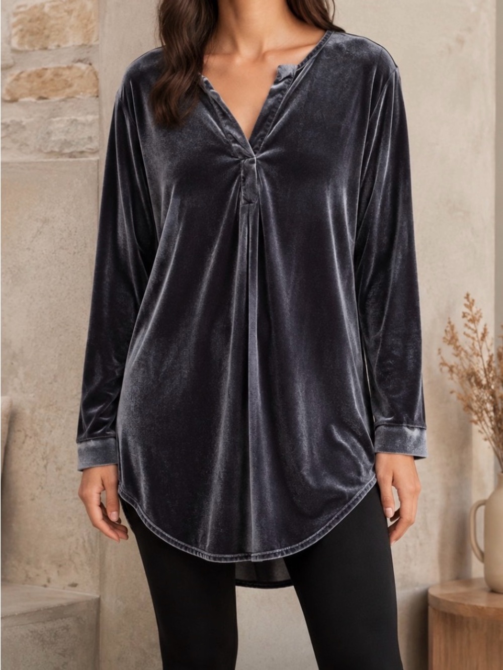 Paper Label Velvet Tunic Top Size M Charcoal Gray Long Sleeve